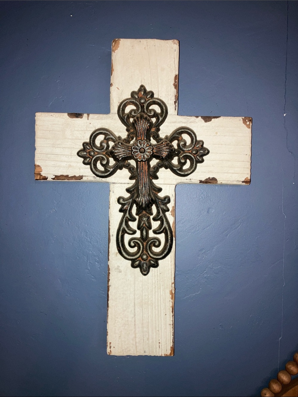 Source Unknown White Wooden Cross with Ornate Bronze Accent